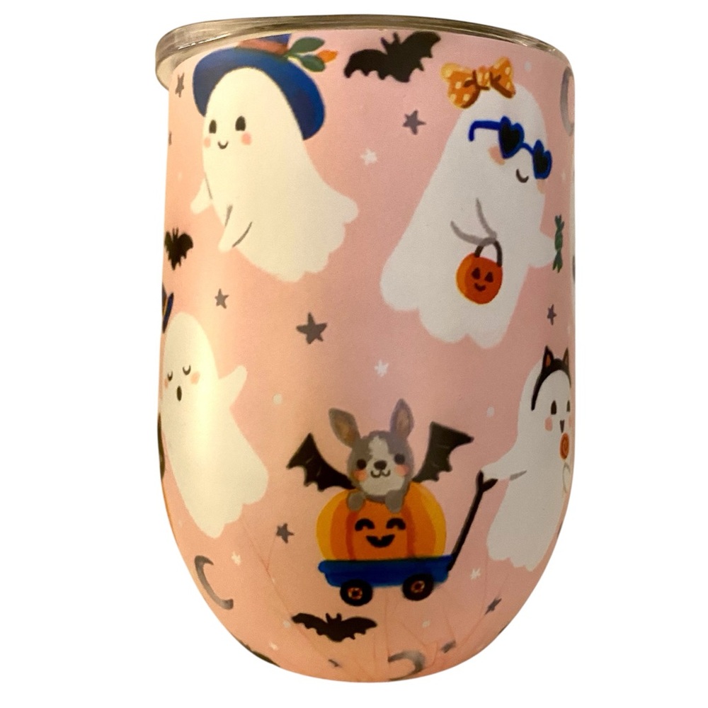 HALLOWEEN GHOSTS, BATS, CATS & PUMPKINS STAINLESS STEEL WINE TUMBLER WITH LID